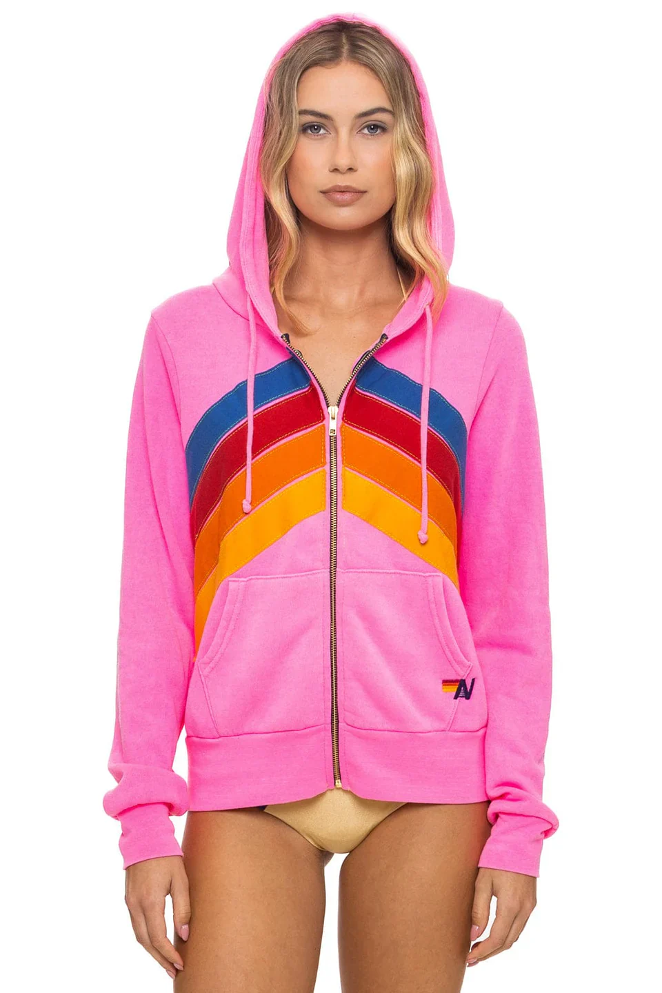 AVIATOR NATION MOUNTAIN STITCH CHEVRON 4 ZIP HOODIE - NEON PINK