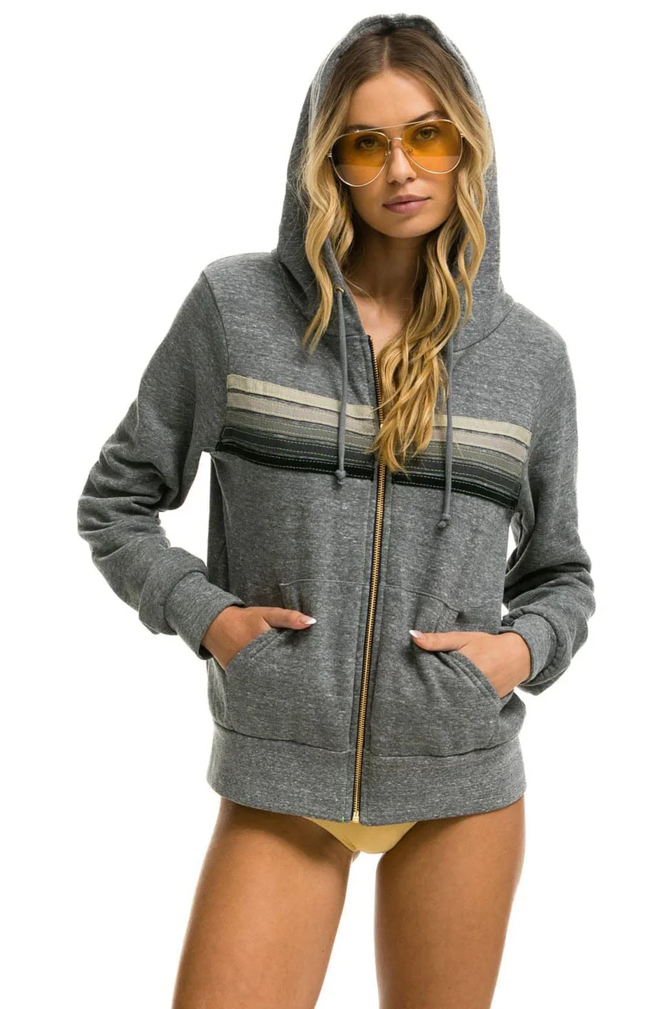 AVIATOR NATION UNISEX 5 STRIPE ZIP HOODIE - HEATHER GREY/GREY