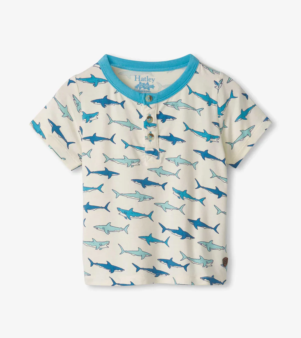 BOYS HUNGRY SHARKS BAMBOO HENLEY TEE
