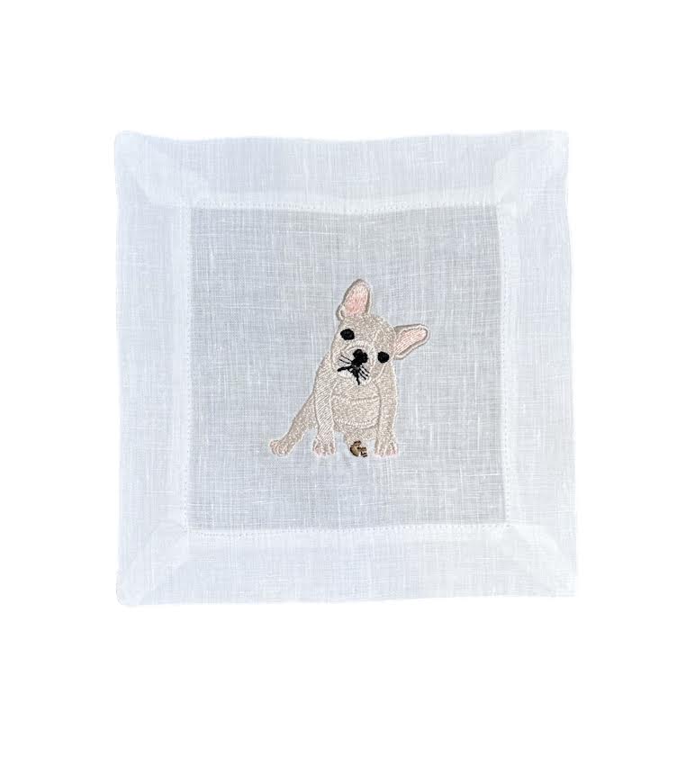 FRENCH BULLDOG HAND EMBROIDERED COCKTAIL NAPKIN