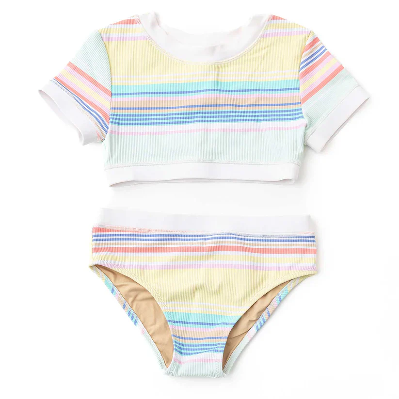 GIRLS SURFER STRIPE RIBBED CROPPED S/S 2 PC BATHING SUIT