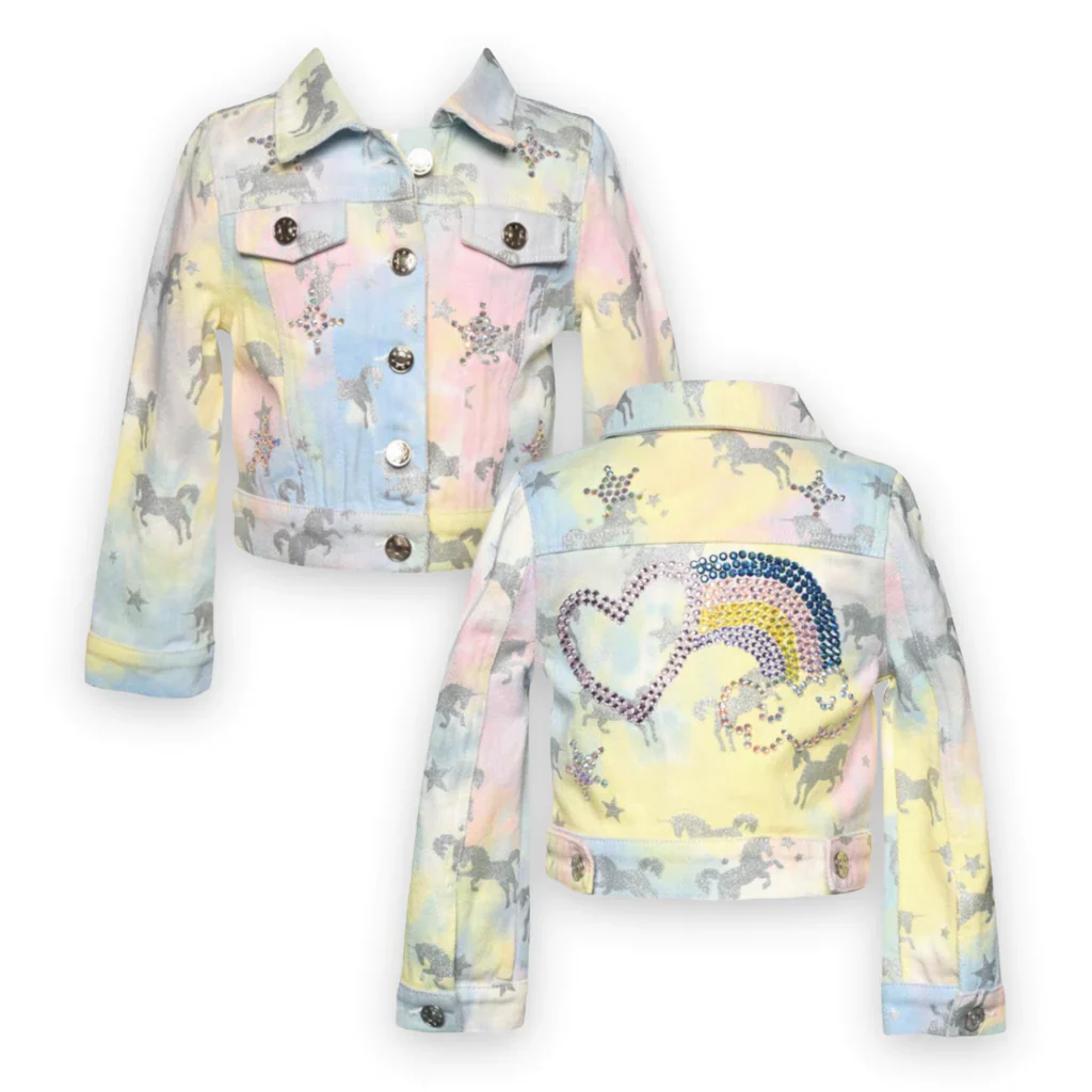 PASTEL TIE DYE RAINBOW HEART EMBELLISHED PRINT DENIM JACKET - Image 3