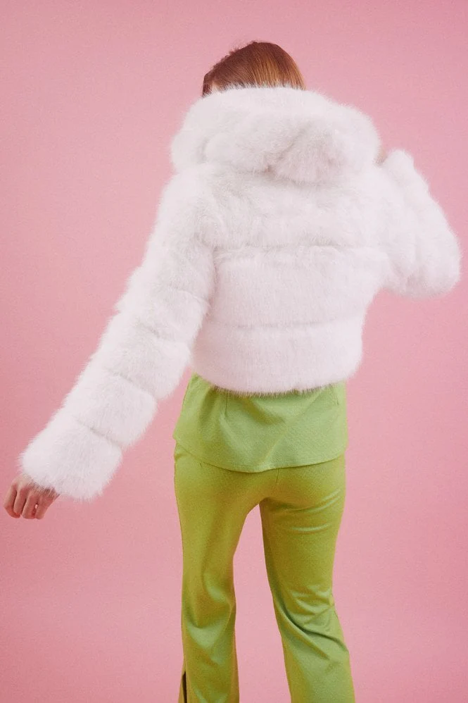 WOMENS WHITE FUR HOODED JACKET - Image 2